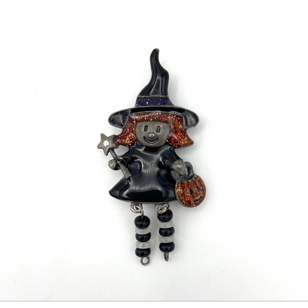 Vintage Halloween Witch Brooch Pin Dangle Legs Glitter Enamel Pumpkin Wand READ